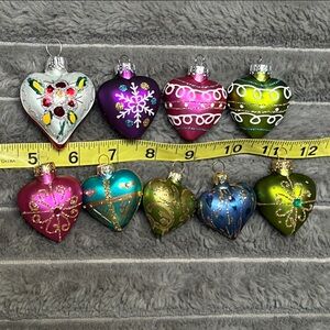 Colorful 9 Heart shaped puffy glass mini ornaments lot hand painted miniature